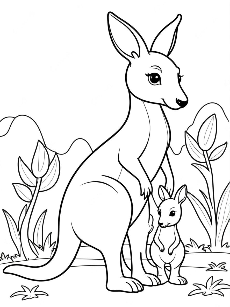 Coloriage Maman Kangourou Et Son Bebe Sur L Herbe