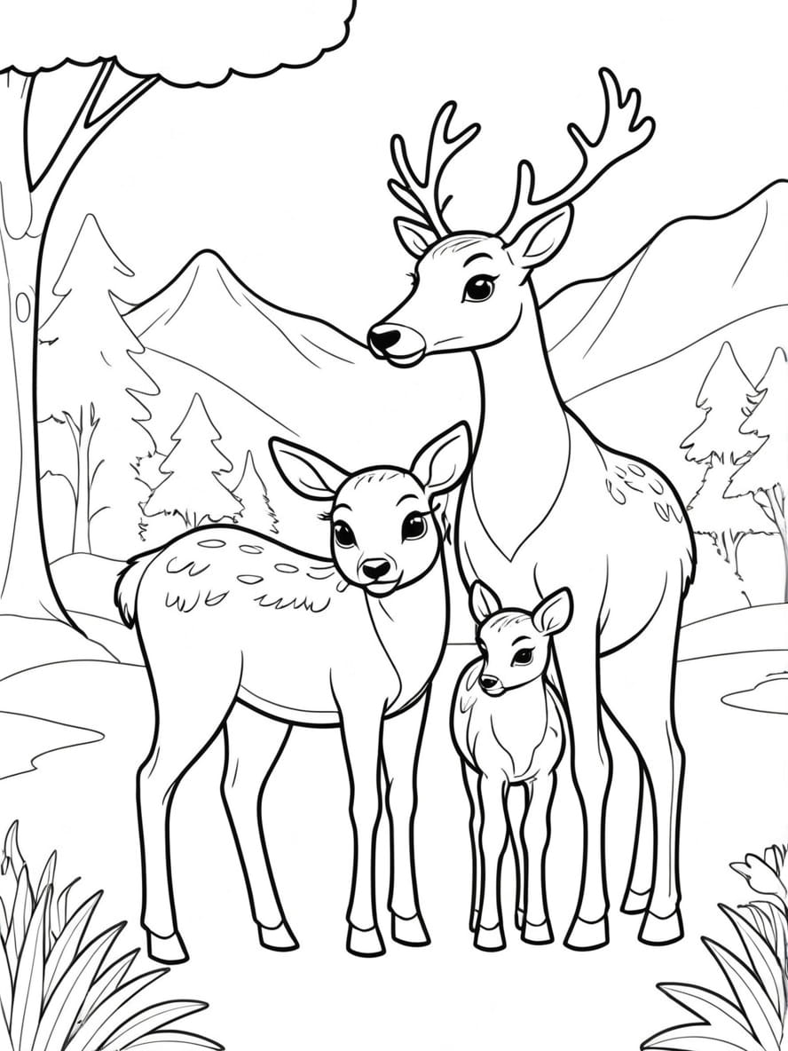 Coloriage Mere Cerf Avec Son Faon Dans Un Pays Serein