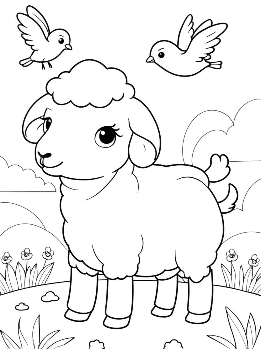 Coloriage Mouton Et Couple Oiseaux