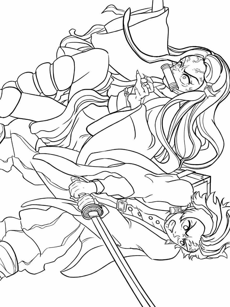 Coloriage Nezuko Et Tanjiro Combattent Les Demons