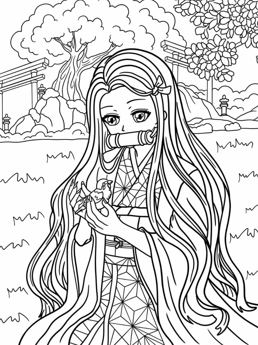 Coloriage Nezuko Prenant Soin D Un Oiseau Dans Un Jardin Japonais