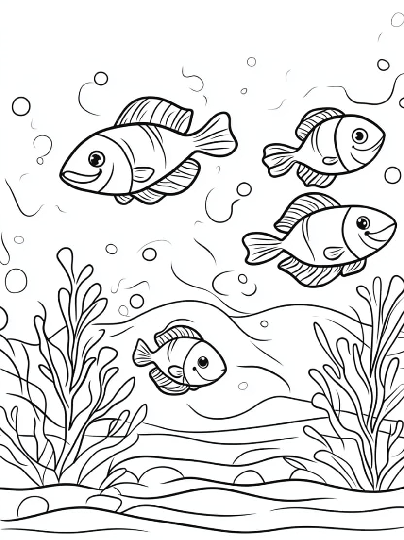 Coloriage Ocean Famille De Poissons Gratuit