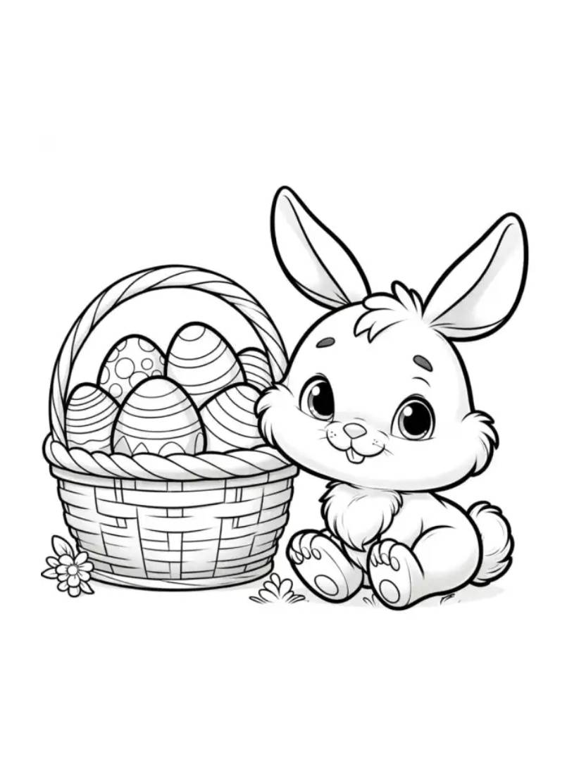 Coloriage Oeuf De Paques Dans Panier Et Lapin