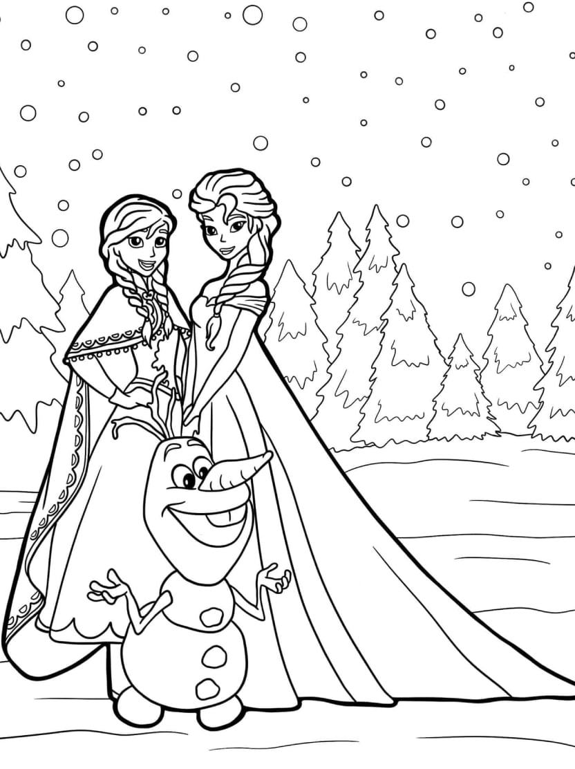 Coloriage Olaf Avec Ses Soeurs Anna Et Elsa