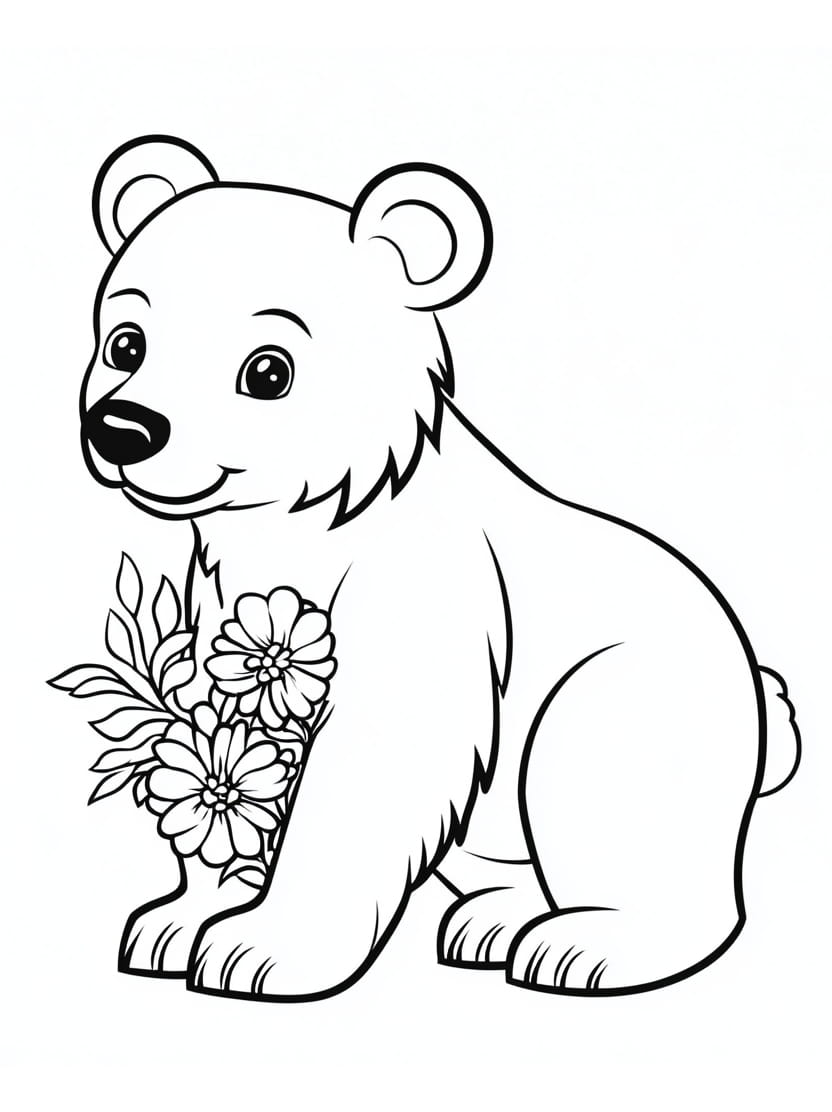 Coloriage Ours Simple Et Fleurs