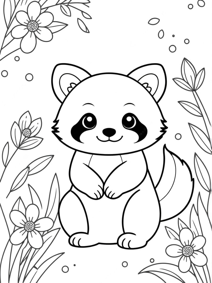 Coloriage Panda Rouge Et Fleurs