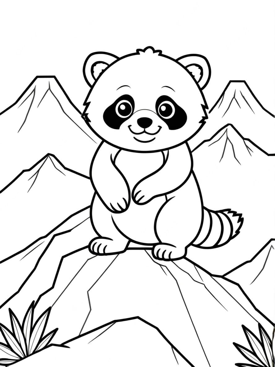 Coloriage Panda Roux Chibi Sur Une Montagne