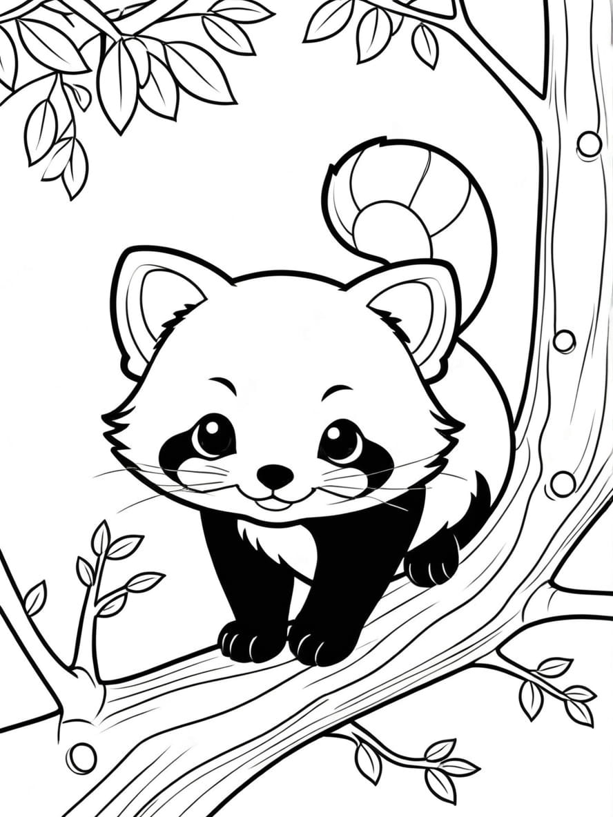 Coloriage Panda Roux Dans Un Arbre