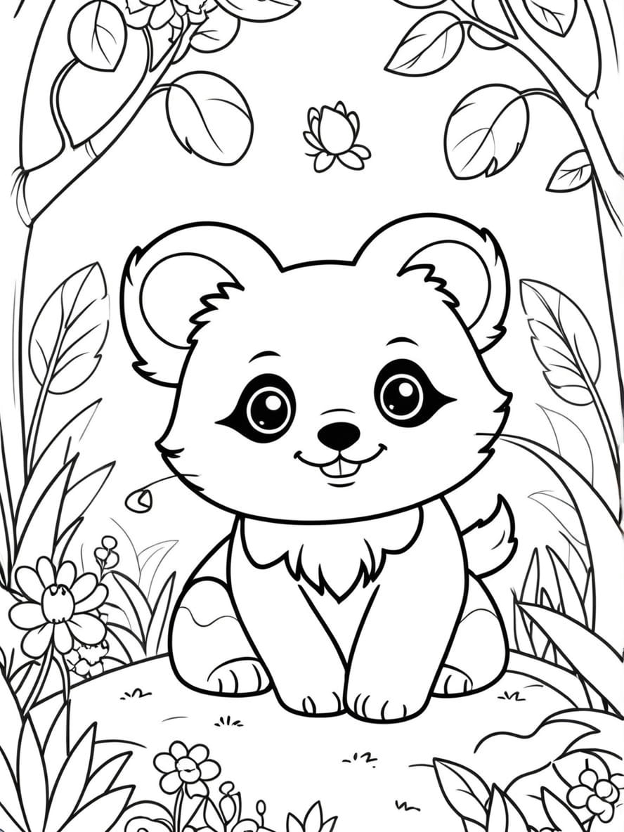 Coloriage Panda Roux Dans Un Jardin De Fleurs Chibi