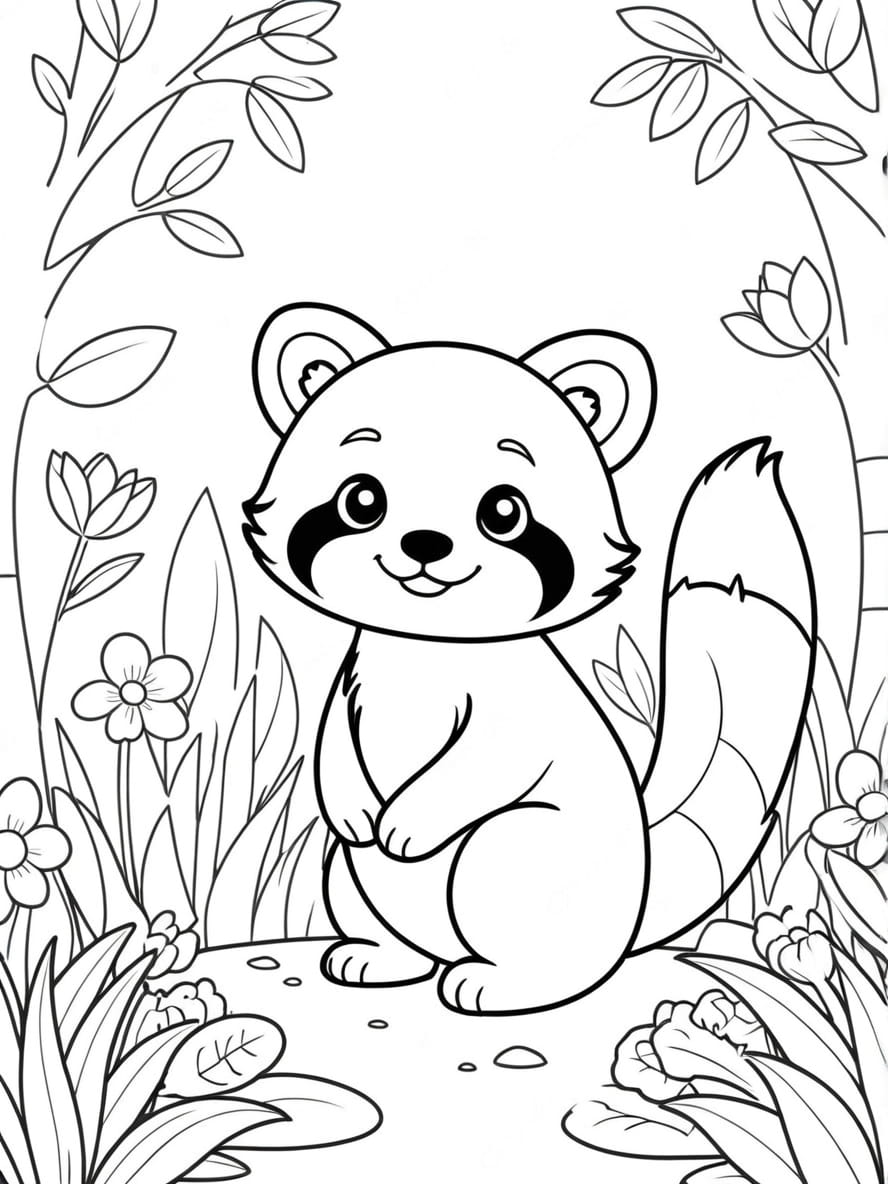 Coloriage Panda Roux Dans Un Jardin De Fleurs