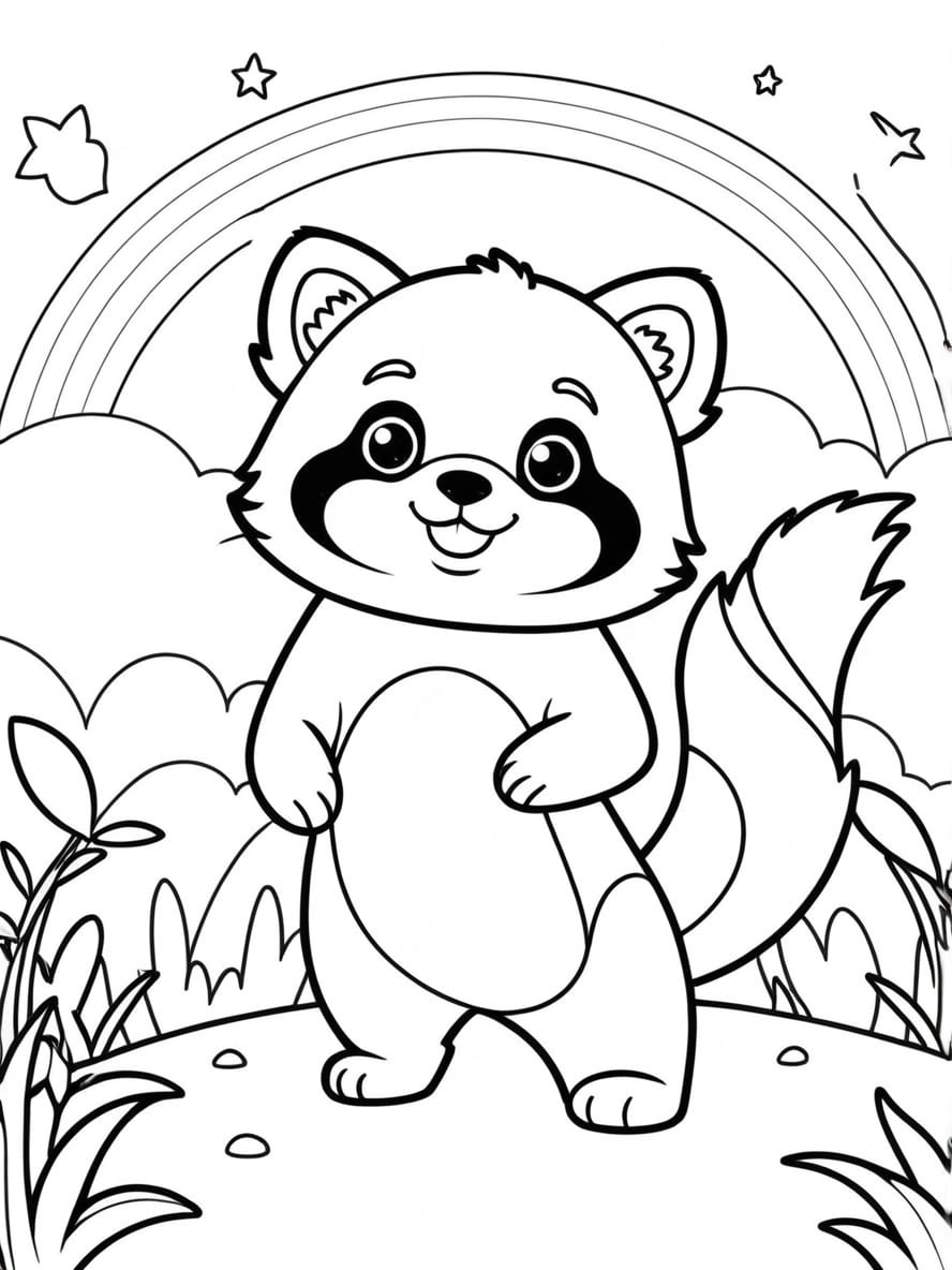 Coloriage Panda Roux Et Arc En Ciel