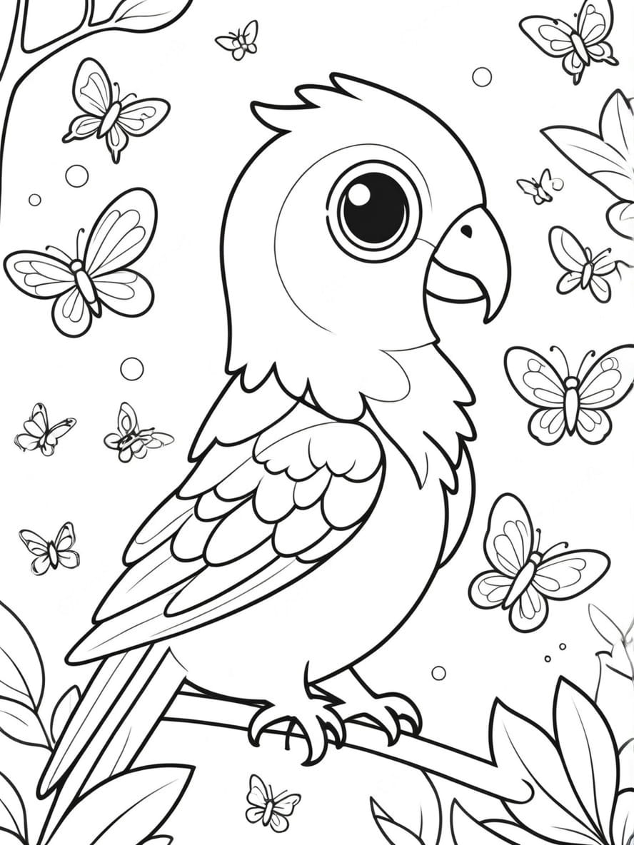 Coloriage Perroquet Entoure De Papillons