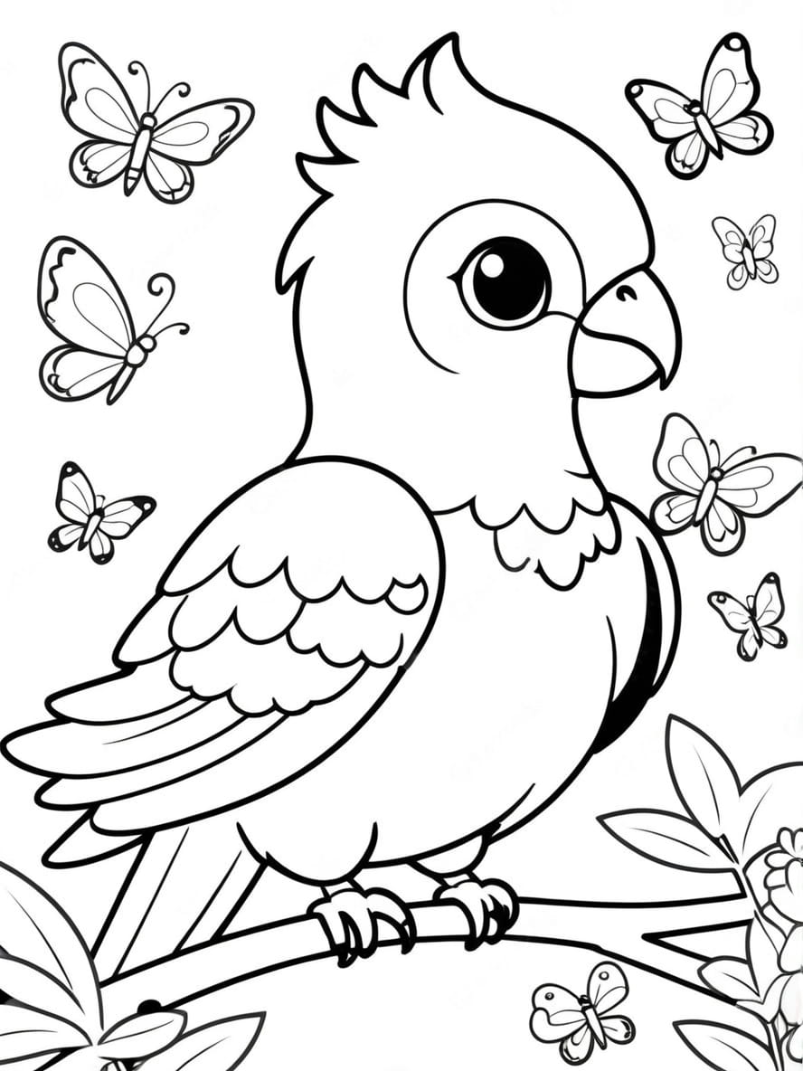 Coloriage Perroquet Entoure De Trois Papillons