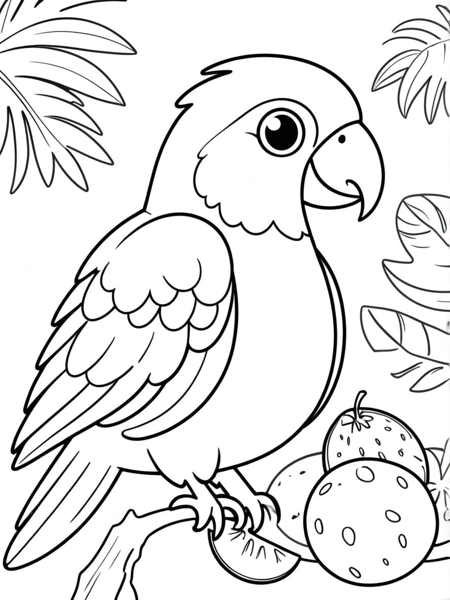 Coloriage Perroquet Et Festin De Fruits Tropicaux