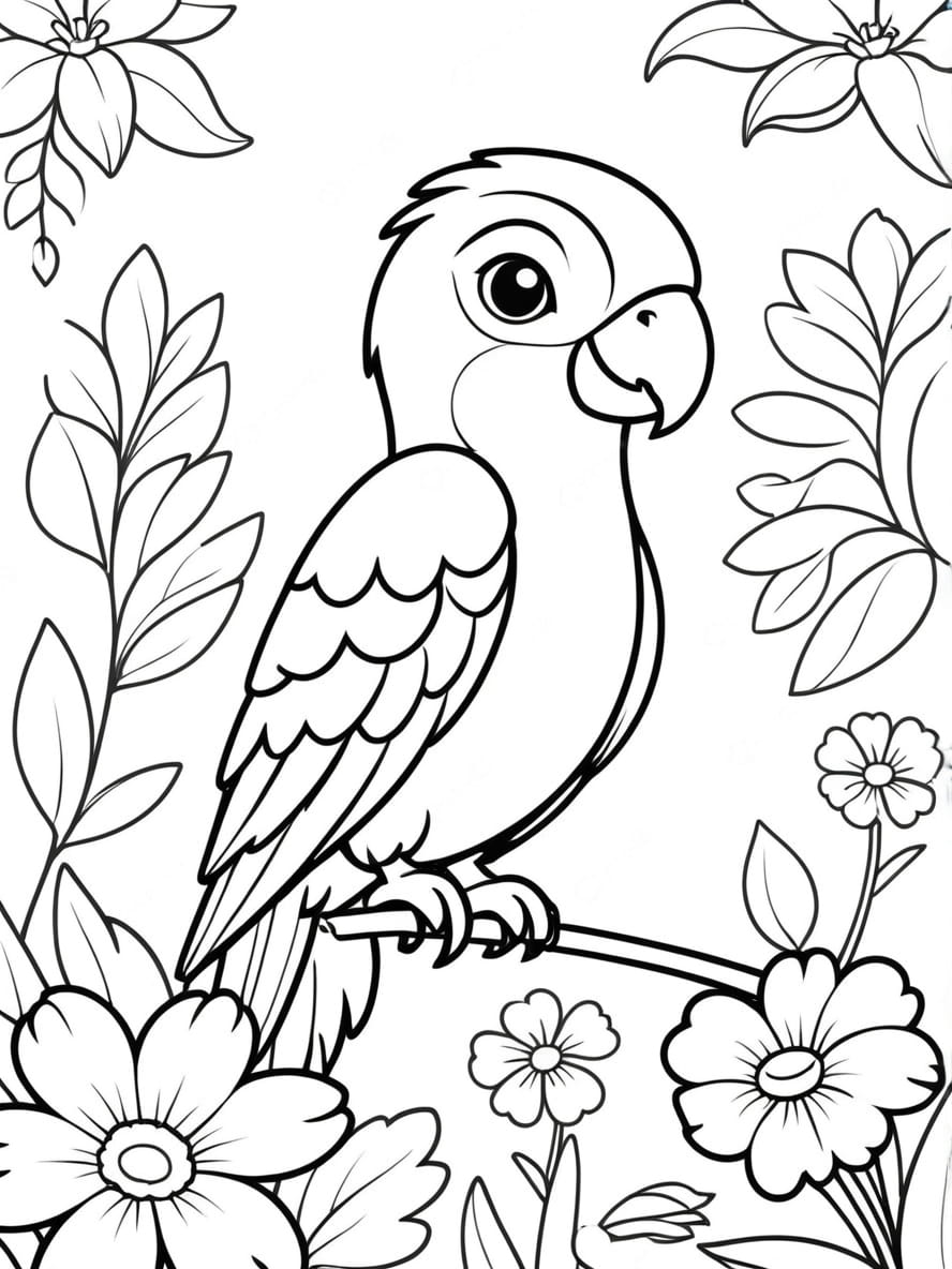 Coloriage Perroquet Et Jardin De Fleurs Exotiques