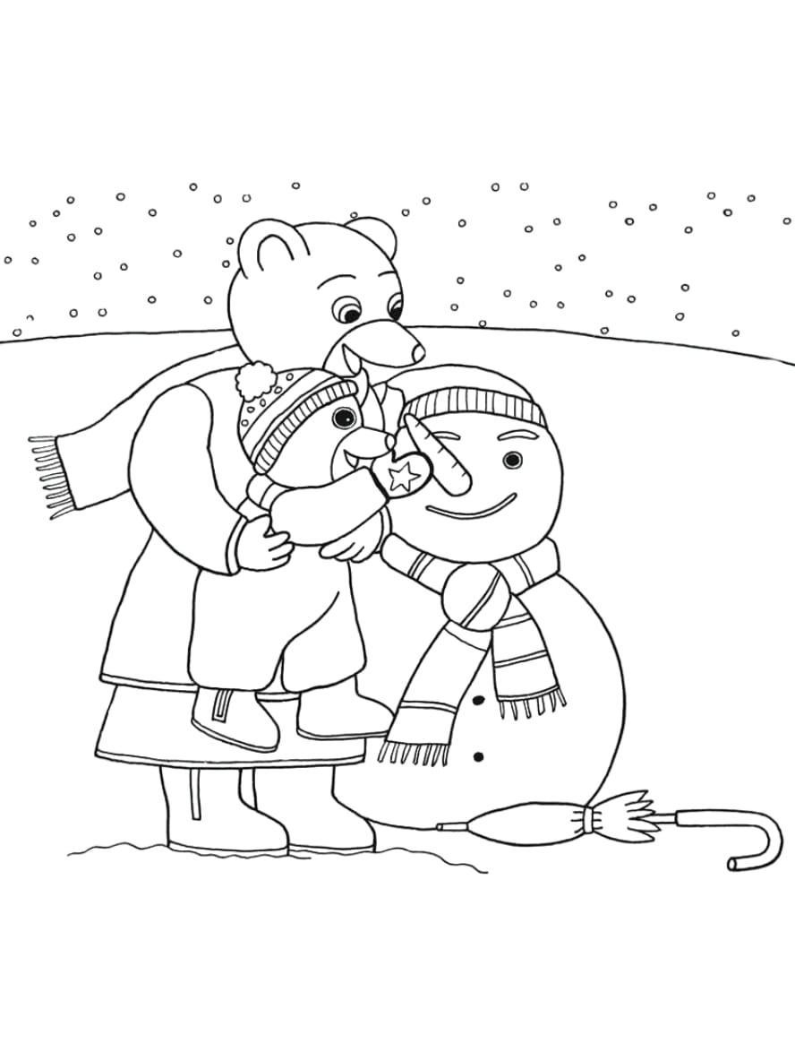 Coloriage Petit Ours Brun Faisant Un Bonhomme De Neige Avec Sa Mere