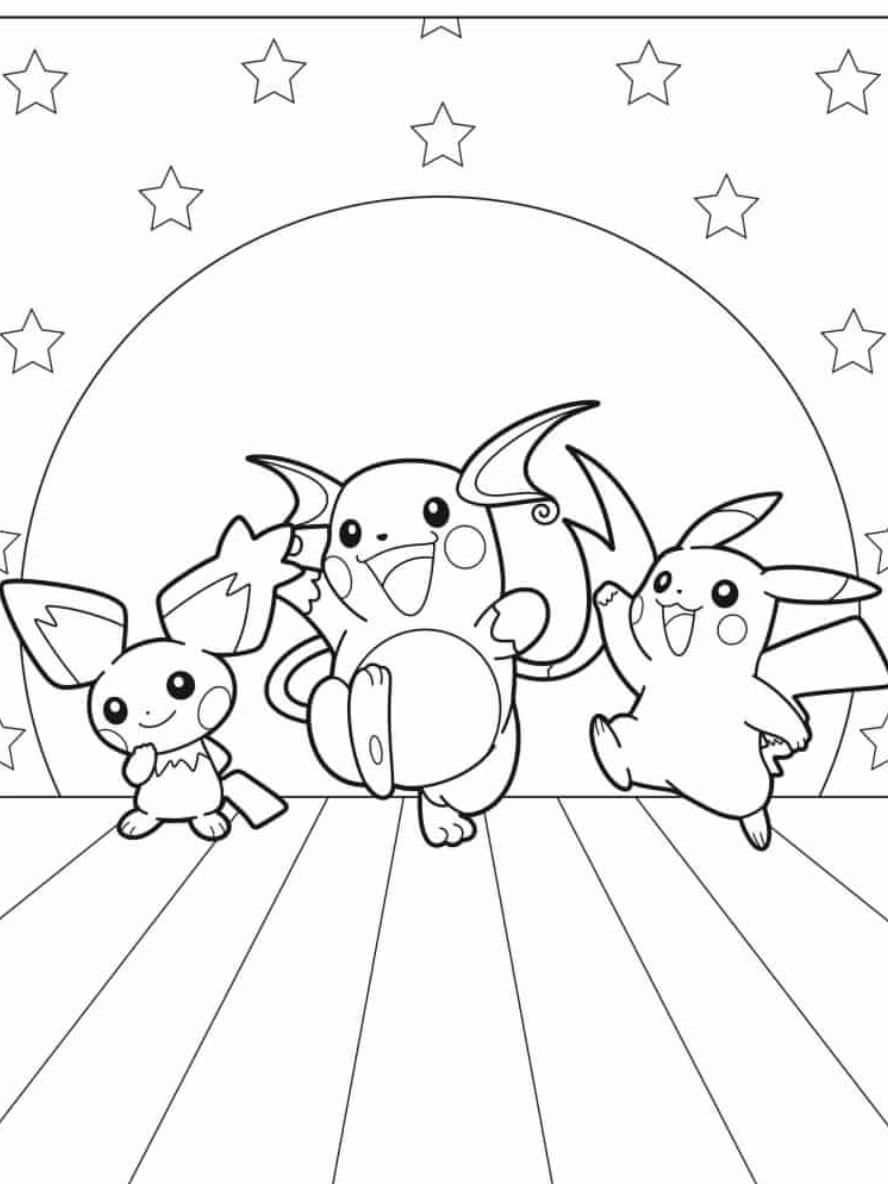 Coloriage Pichu Raichu Et Pikachu Dancing