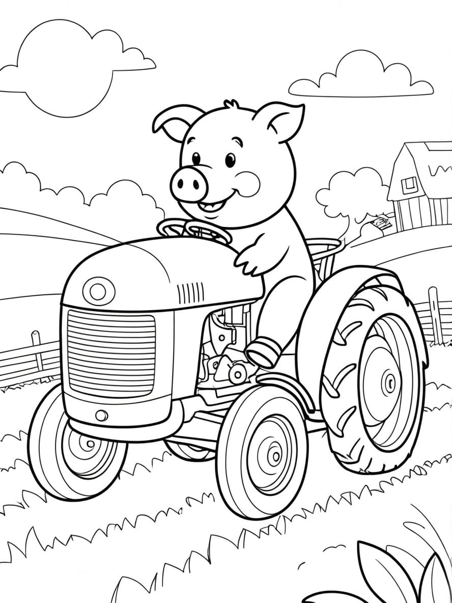 Coloriage Pig On A Farm Tractor