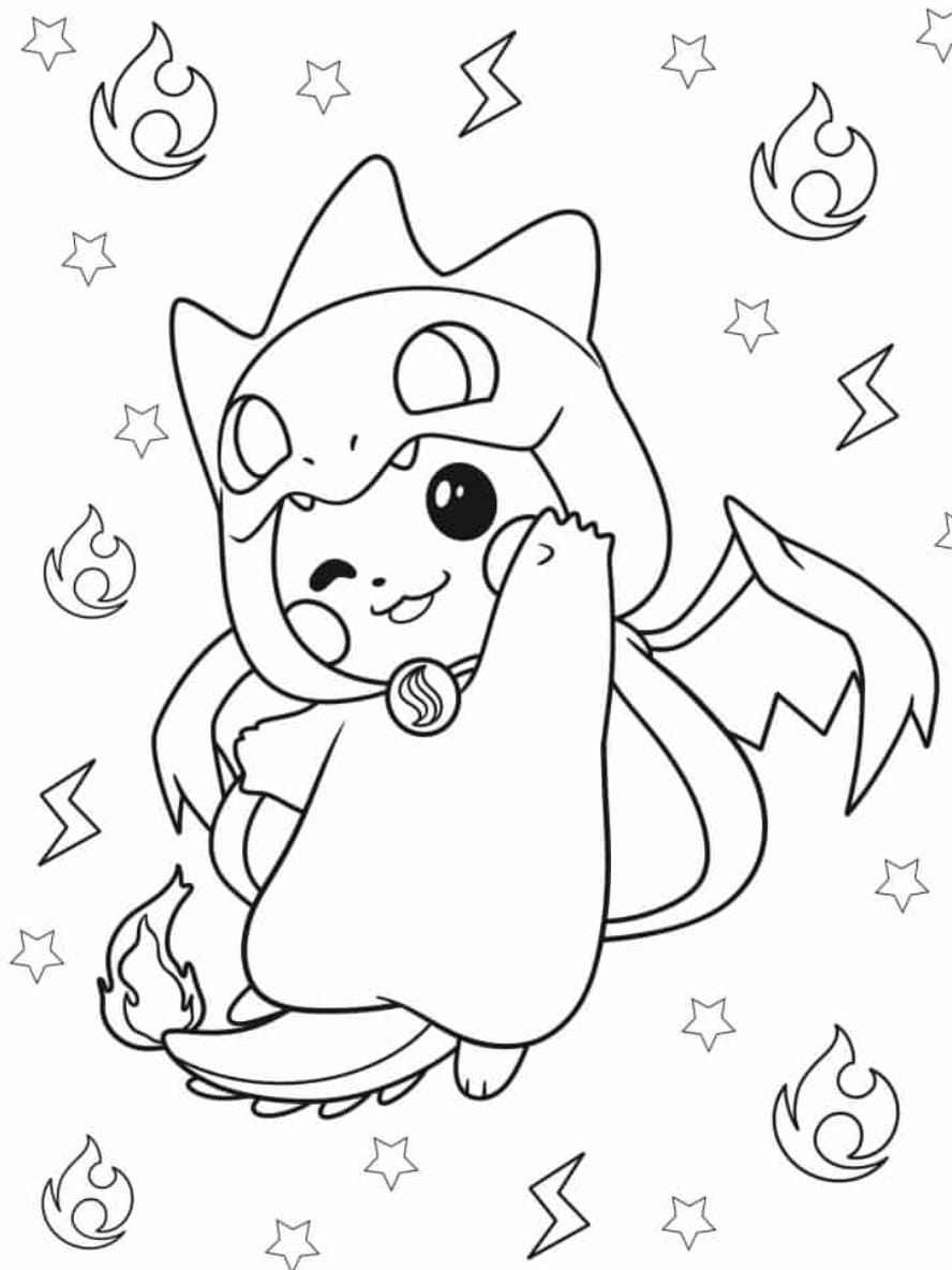 Coloriage Pikachu En Costume De Dracaufeu