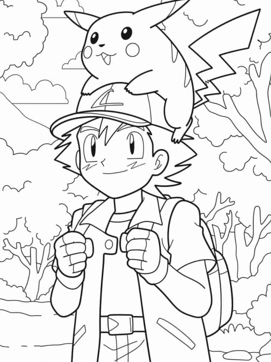 Coloriage Pikachu Et Satoshi Dans La Foret