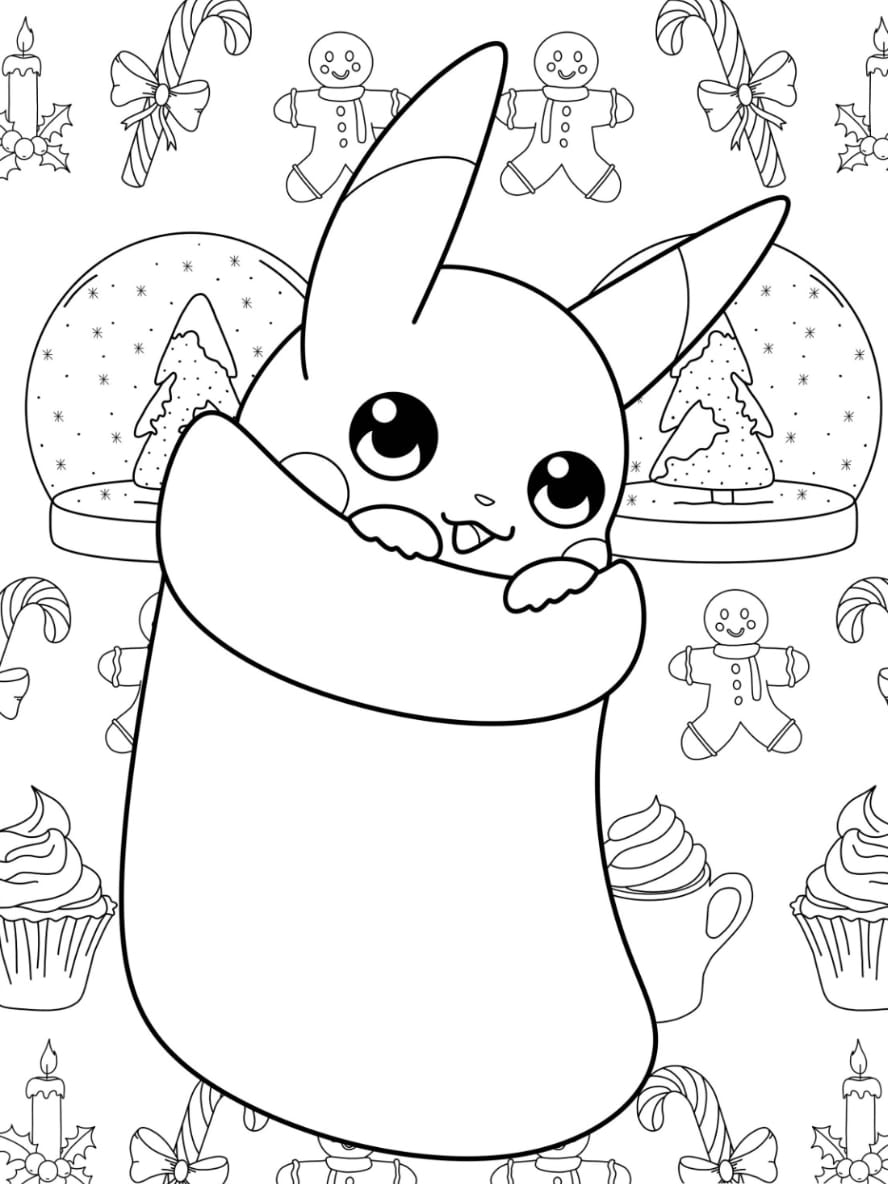 Coloriage Pikachu Kawaii Dans Un Bas De Noel Pour Enfants