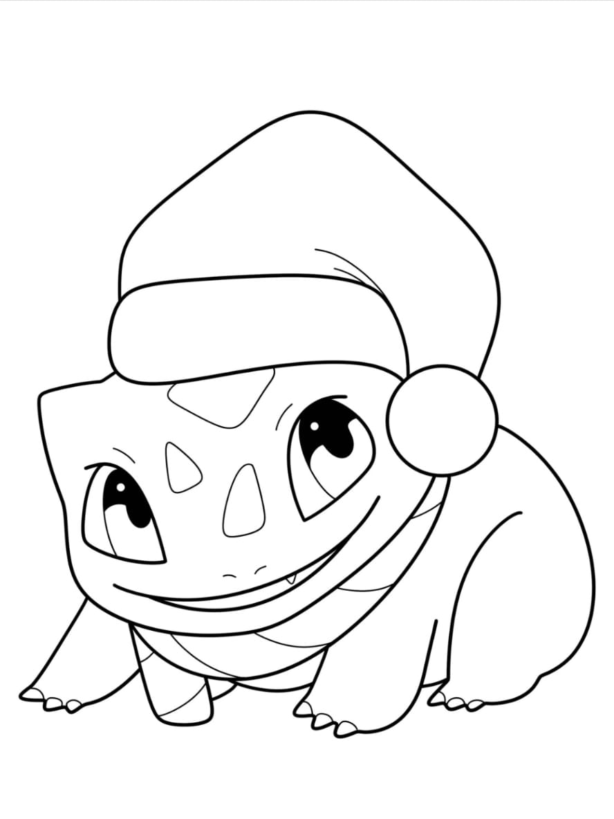 Coloriage Pokemon Bulbasaur Portant Un Chapeau De Pere Noel Facile A Imprimer