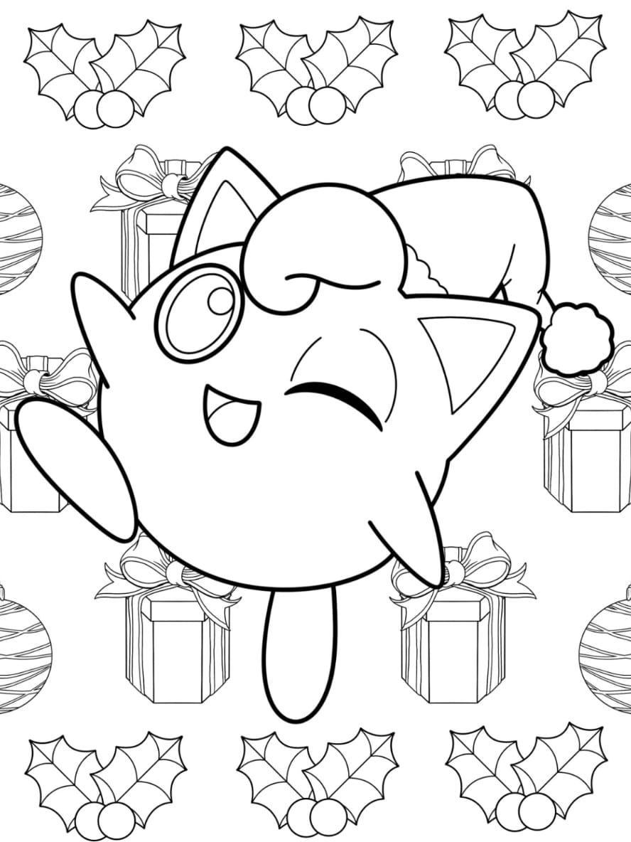 Coloriage Pokemon De Noel De Jigglypuff Portant Un Chapeau De Pere Noel Et Faisant Un Clin D œil Pour Les Enfants