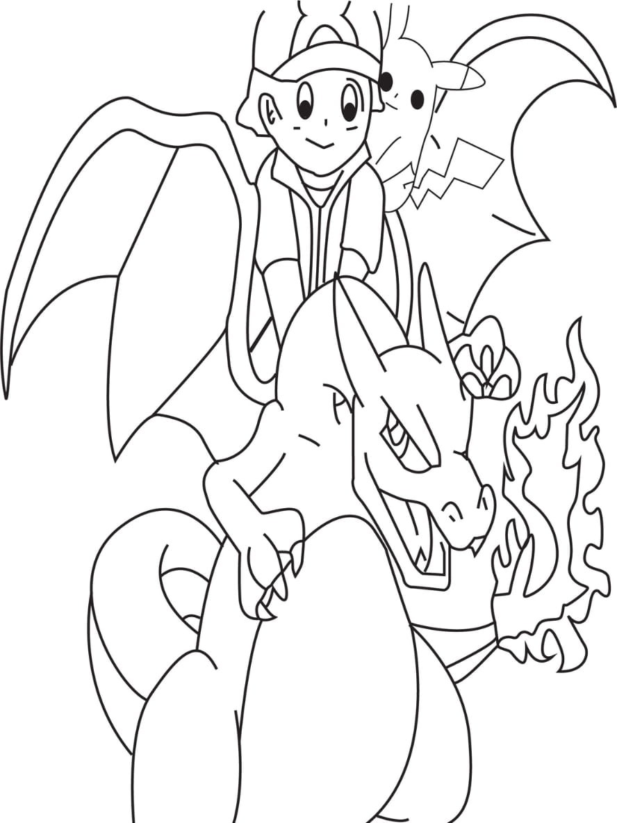 Coloriage Pokemon Dracaufeu Et Satoshi Et Pikachu