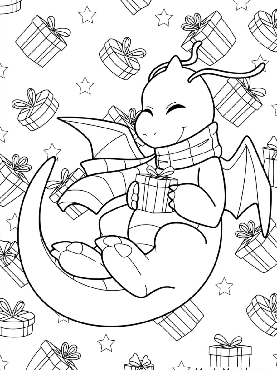 Coloriage Pokemon Dracolosse De Noel Tenant Un Cadeau