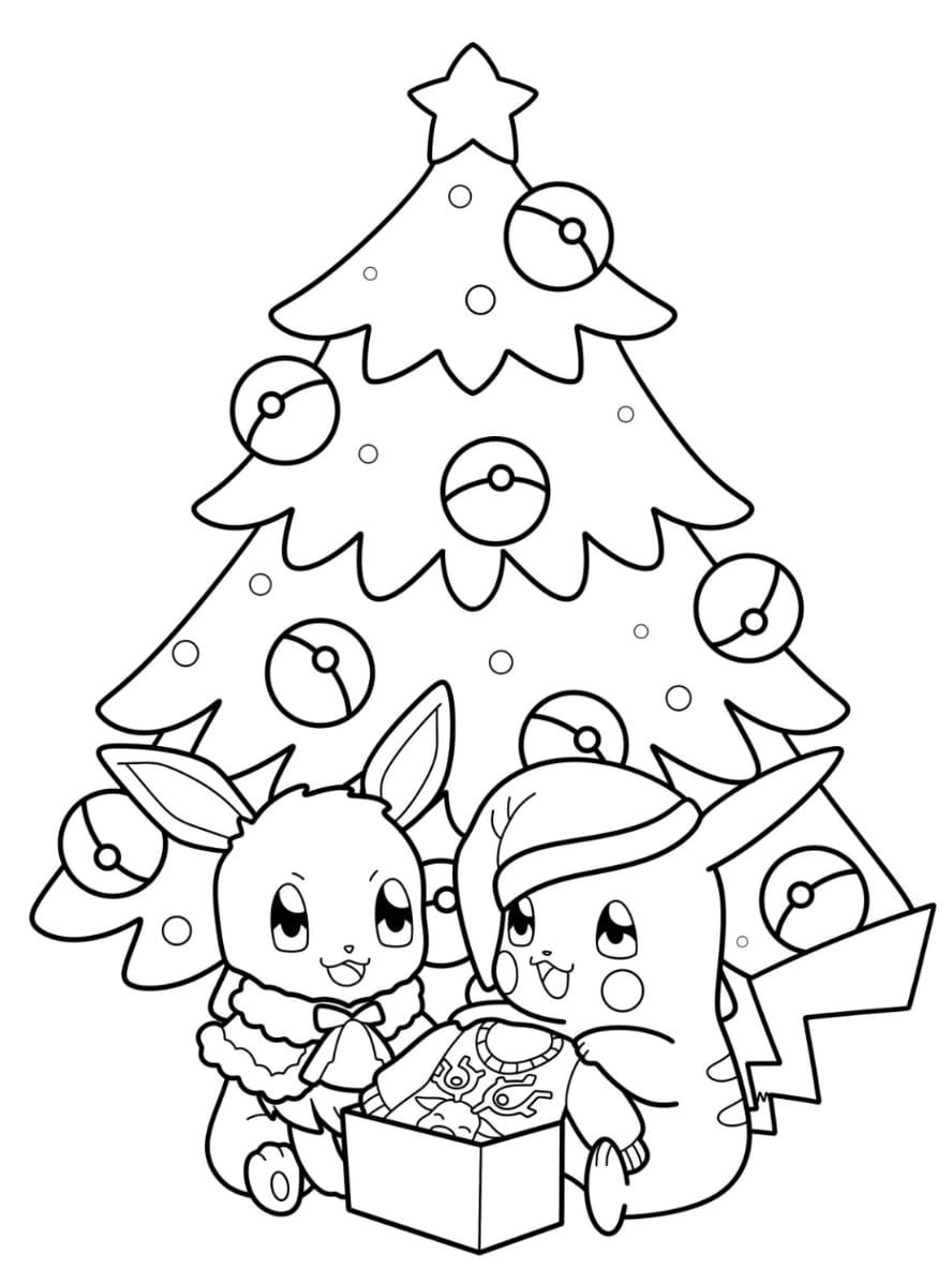 Coloriage Pokemon Noel Evoli Et Pikachu Ouverture Des Cadeaux