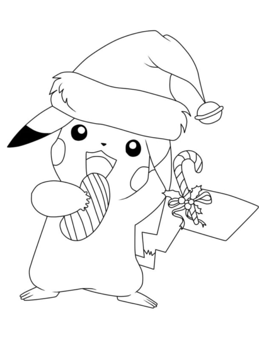 Coloriage Pokemon Noel Pikachu Mangeant Des Bonbons De Noel