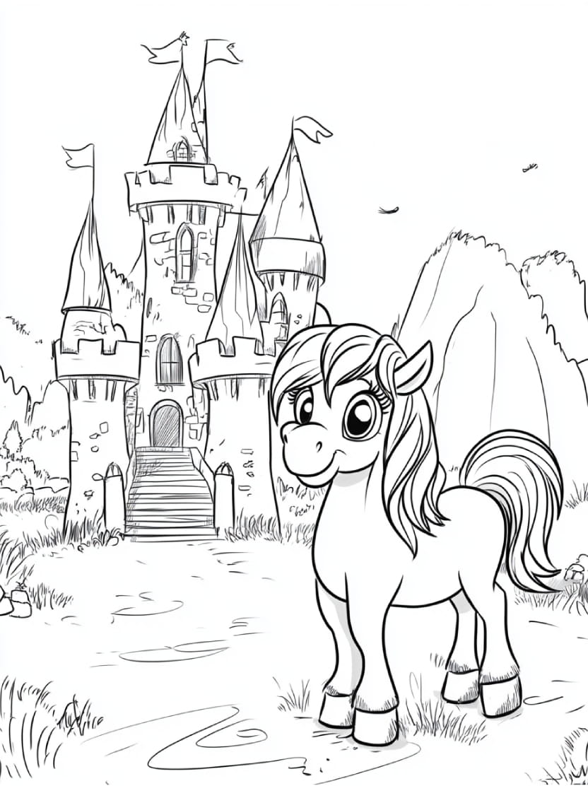 Coloriage Poney Et Chateau