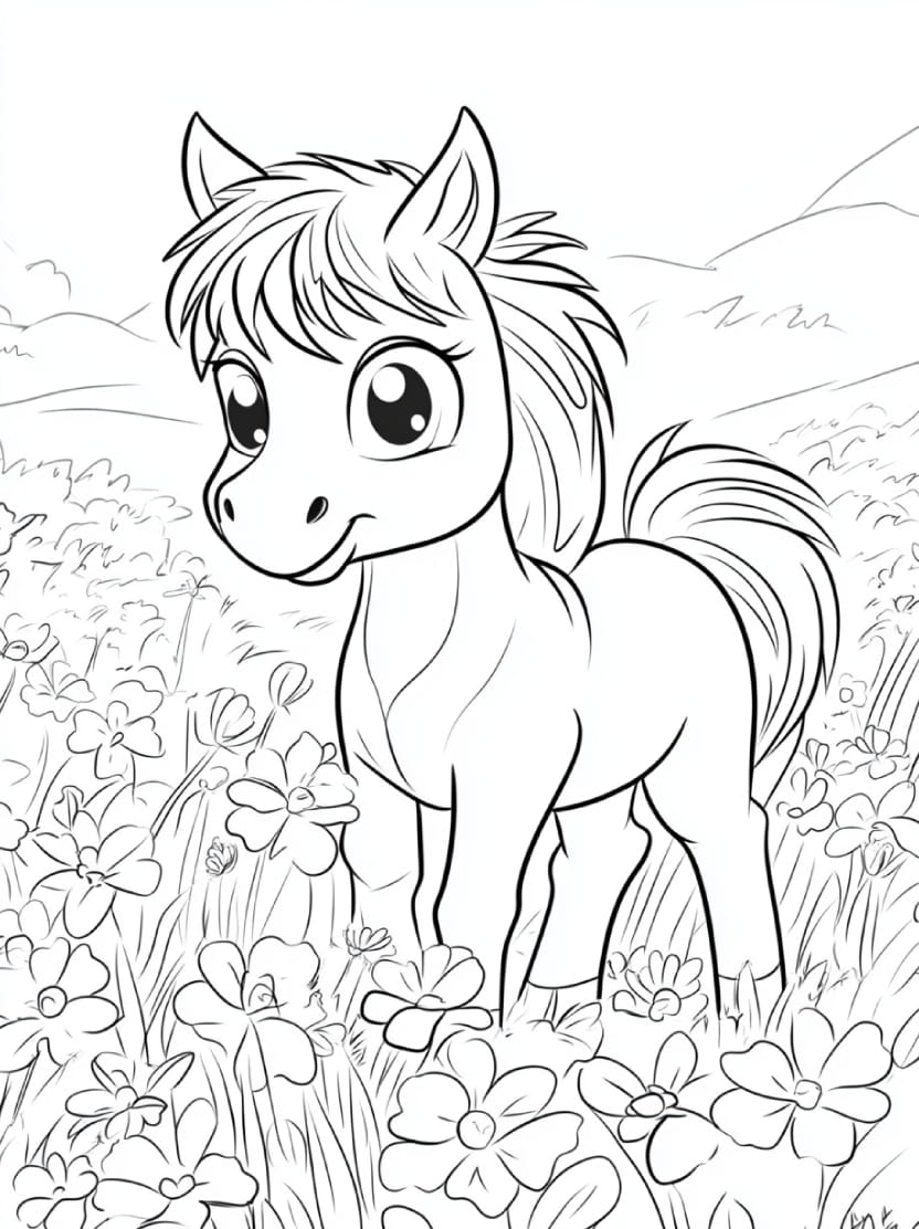 Coloriage Poney Sur Champ De Fleurs