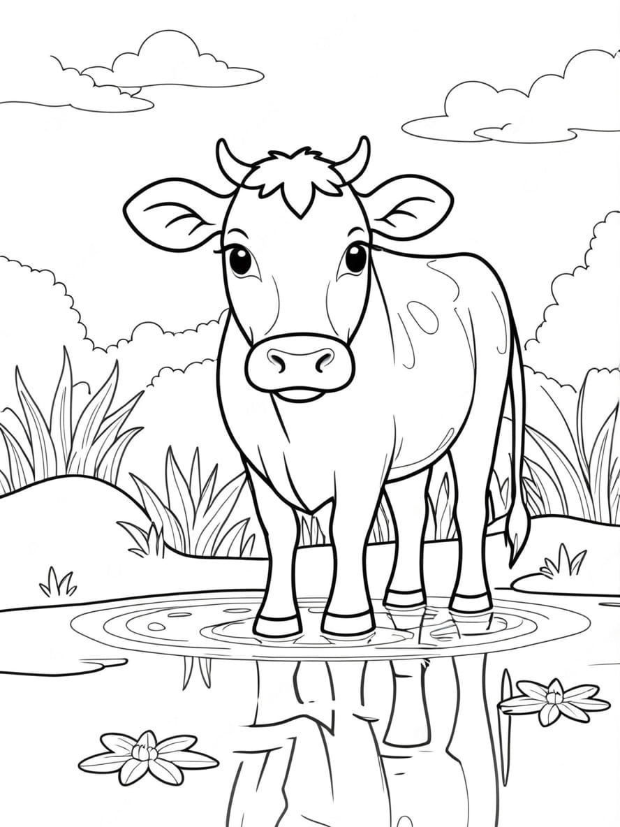 Coloriage Reflet D Une Vache Dans Un Etang