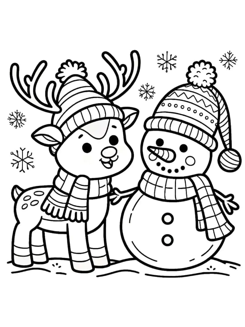 Coloriage Renne De Noel Avec Bonnet Et Bonhomme De Neige