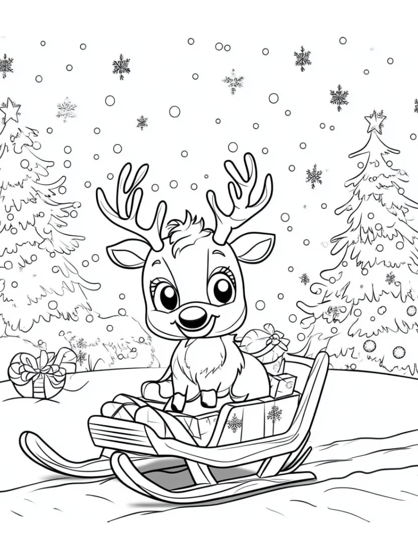 Coloriage Renne De Noel Avec Neige Tombante