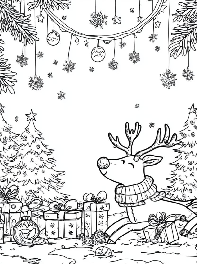 Coloriage Renne De Noel Avec Sapin Et Neige