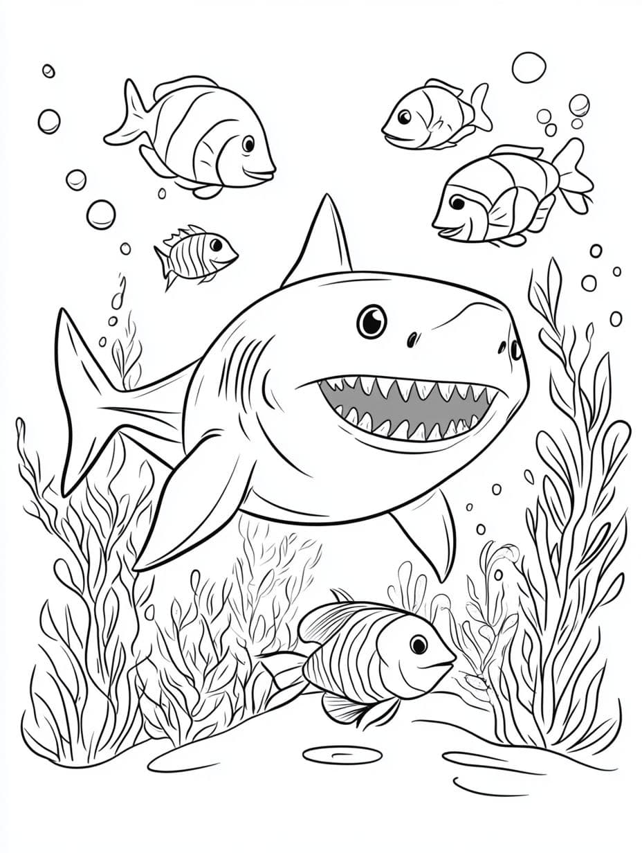 Coloriage Requin Avec Des Creatures Marines