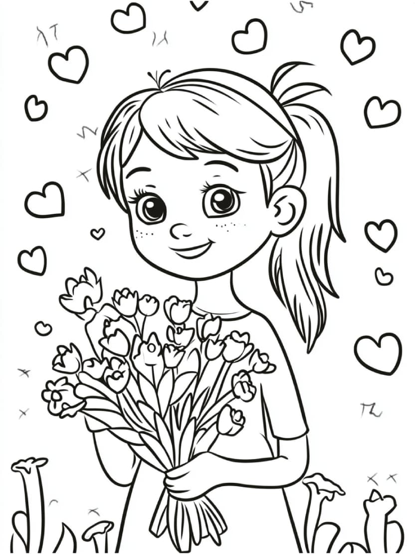 Coloriage Saint Valentin Fille Avec Bouquet