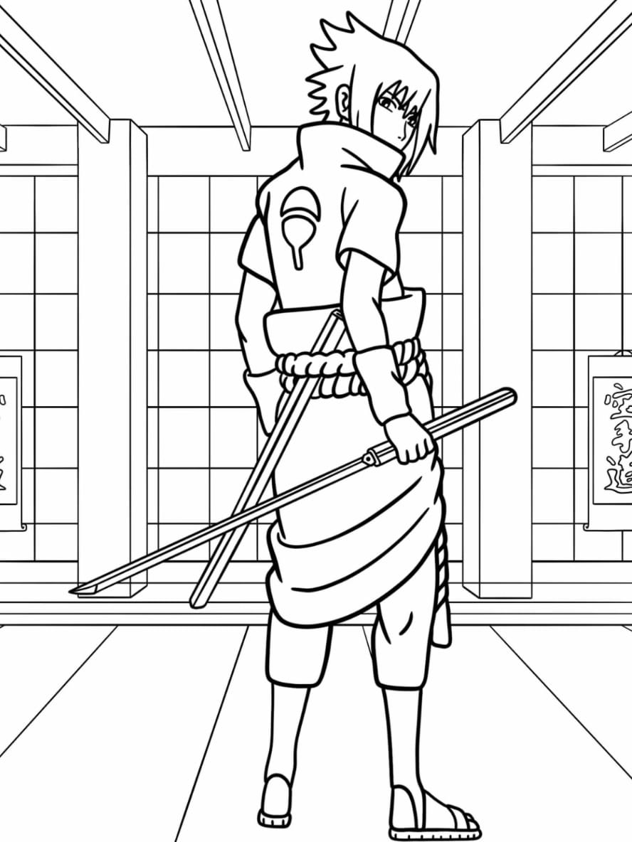 Coloriage Sasuke Uchiha Regarde En Arriere