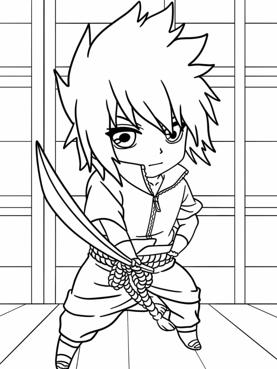 Coloriage Sasuke Uchiha Se Battant Avec Une Epee Chibi