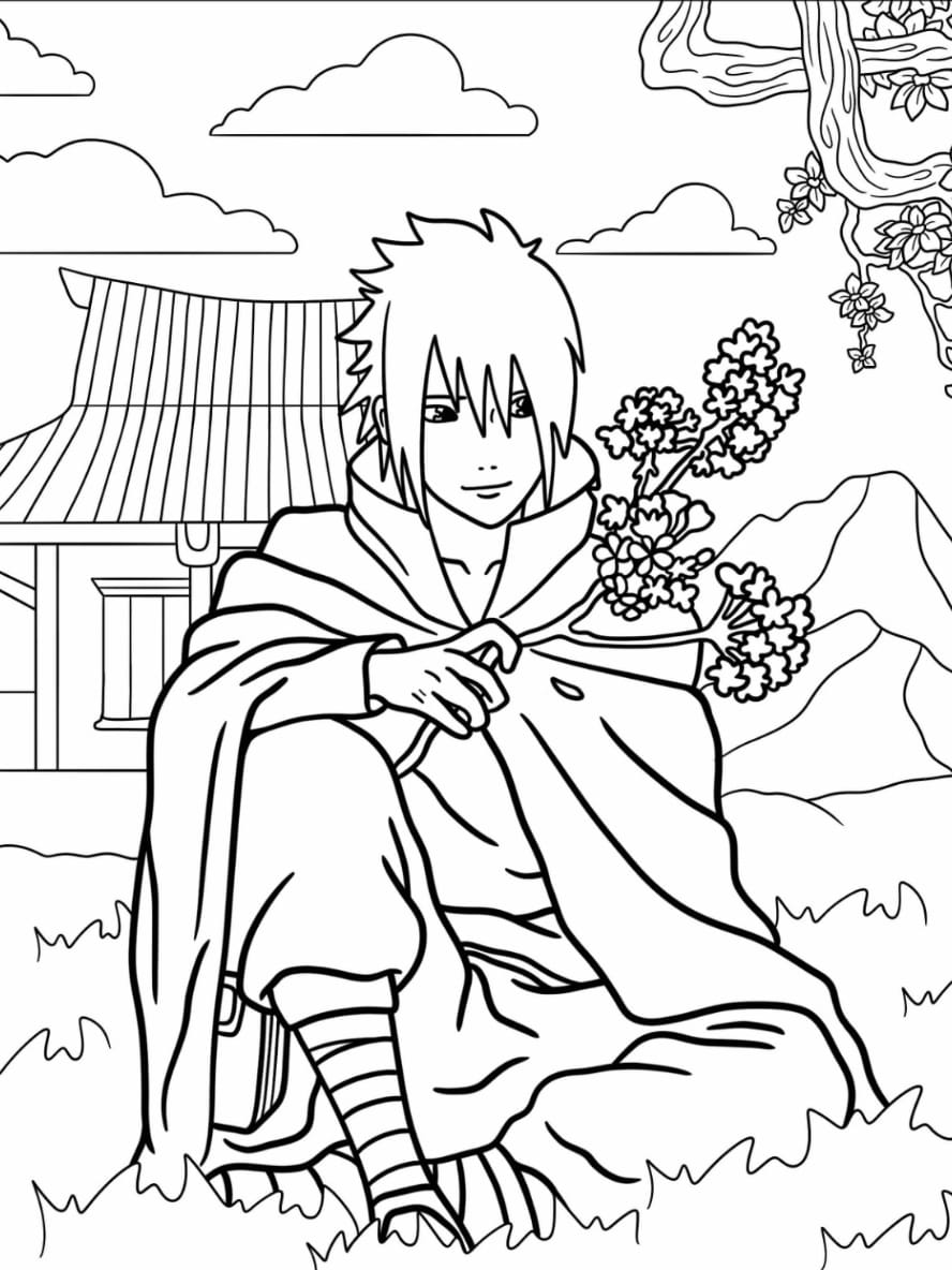 Coloriage Sasuke Uchiha Souriant Devant Les Cerisiers En Fleurs