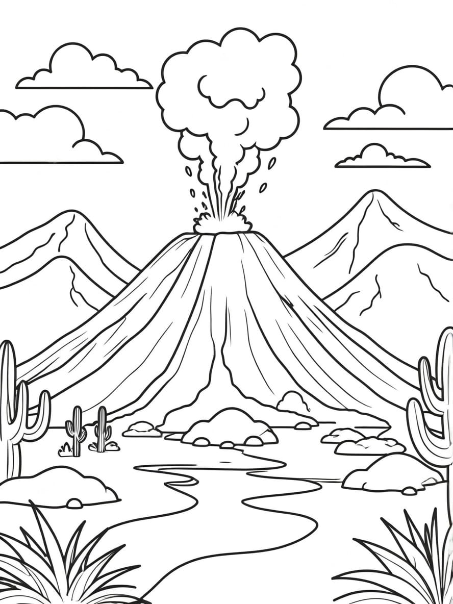 Coloriage Scene Ile Volcan Avec Palmiers