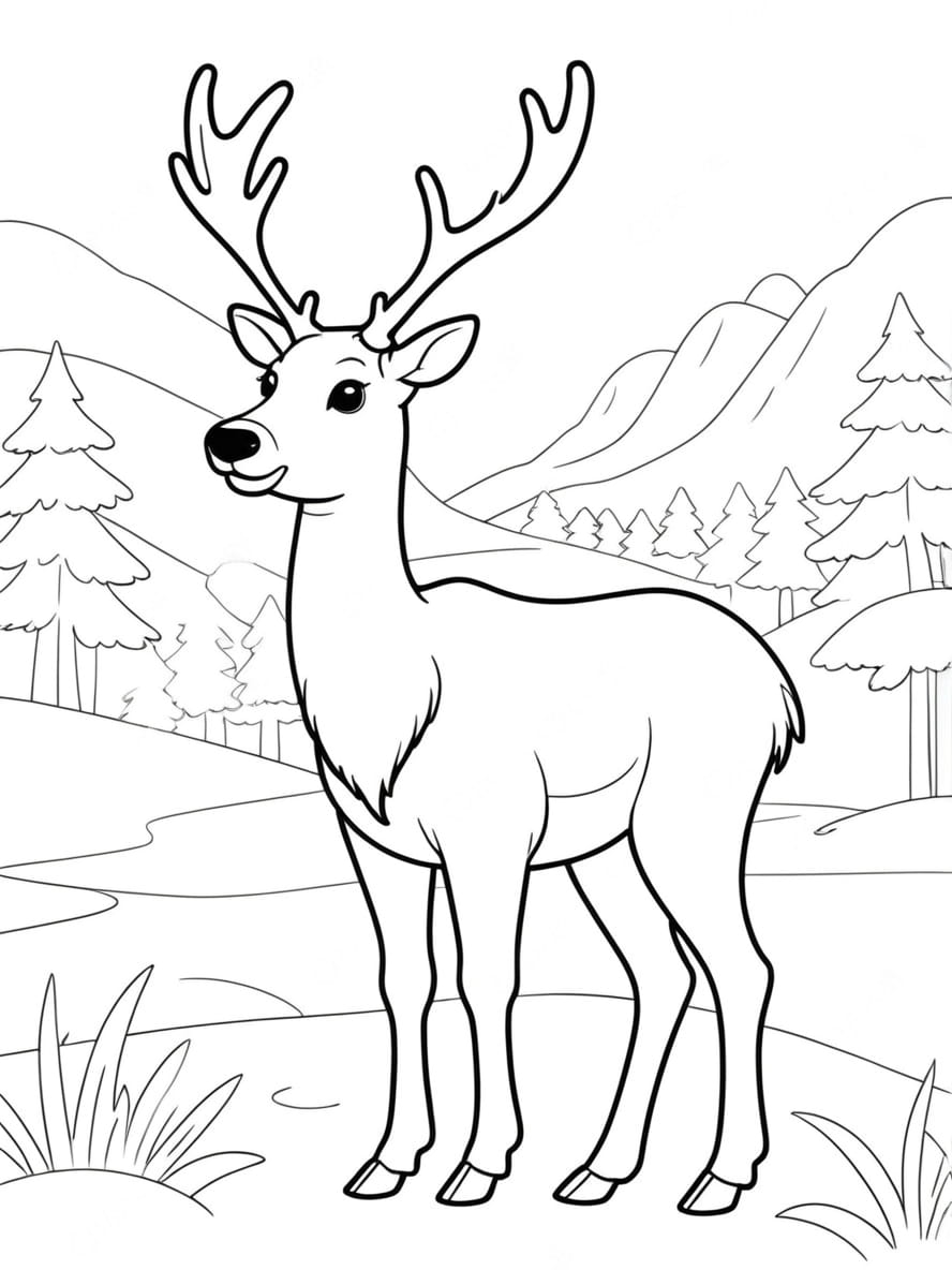 Coloriage Scene Tranquille D Un Cerf Au Petit Matin Chibi