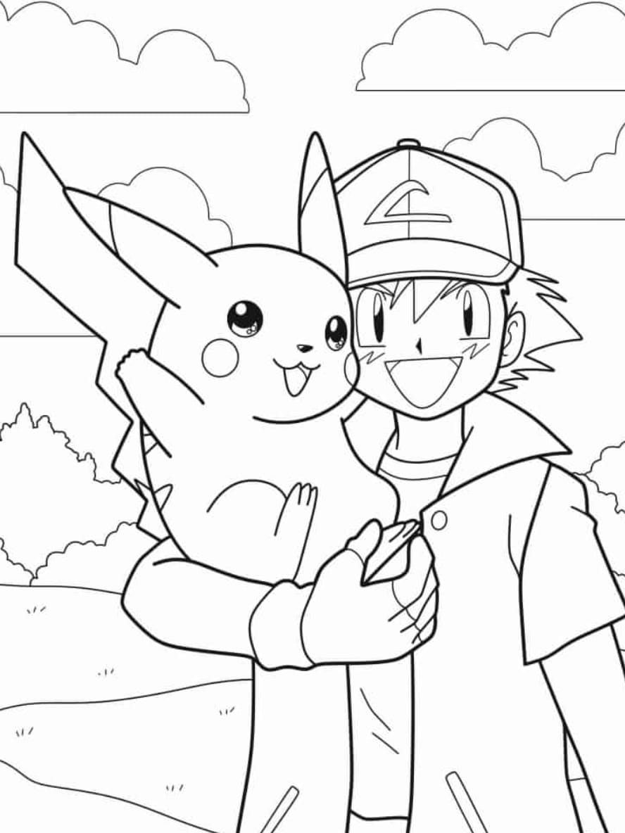 Coloriage Simple Contour De Ash Portant Pikachu