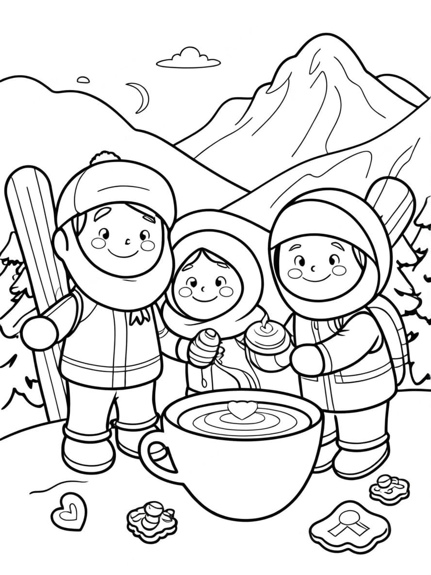 Coloriage Ski Avec Amis Facile Pour Enfant