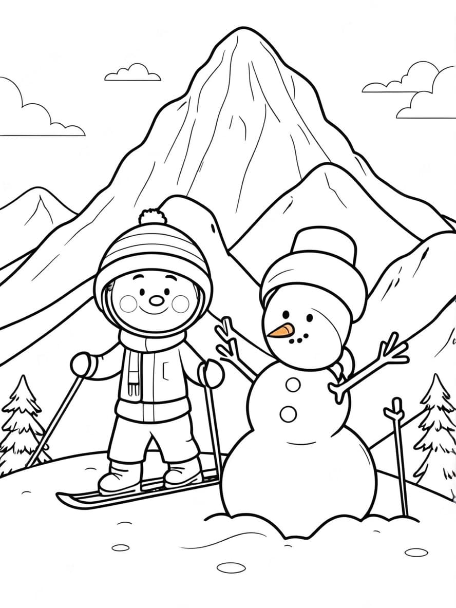 Coloriage Ski Et Bonhomme De Neige