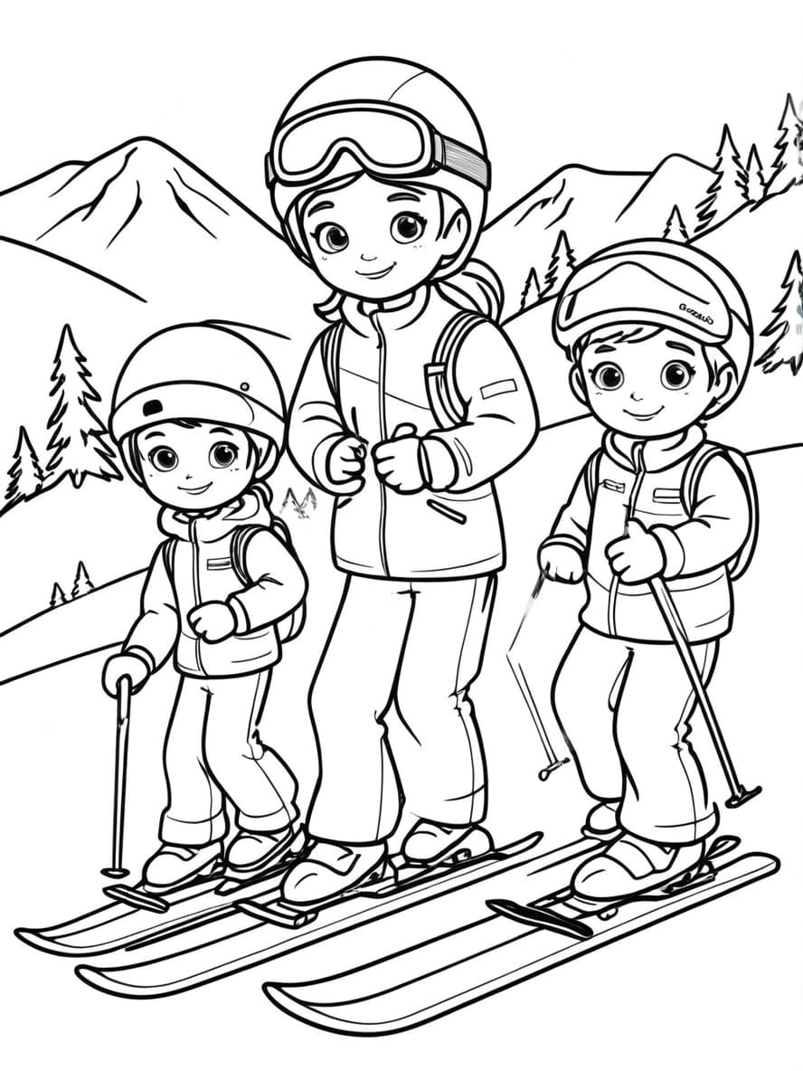 Coloriage Ski Famille