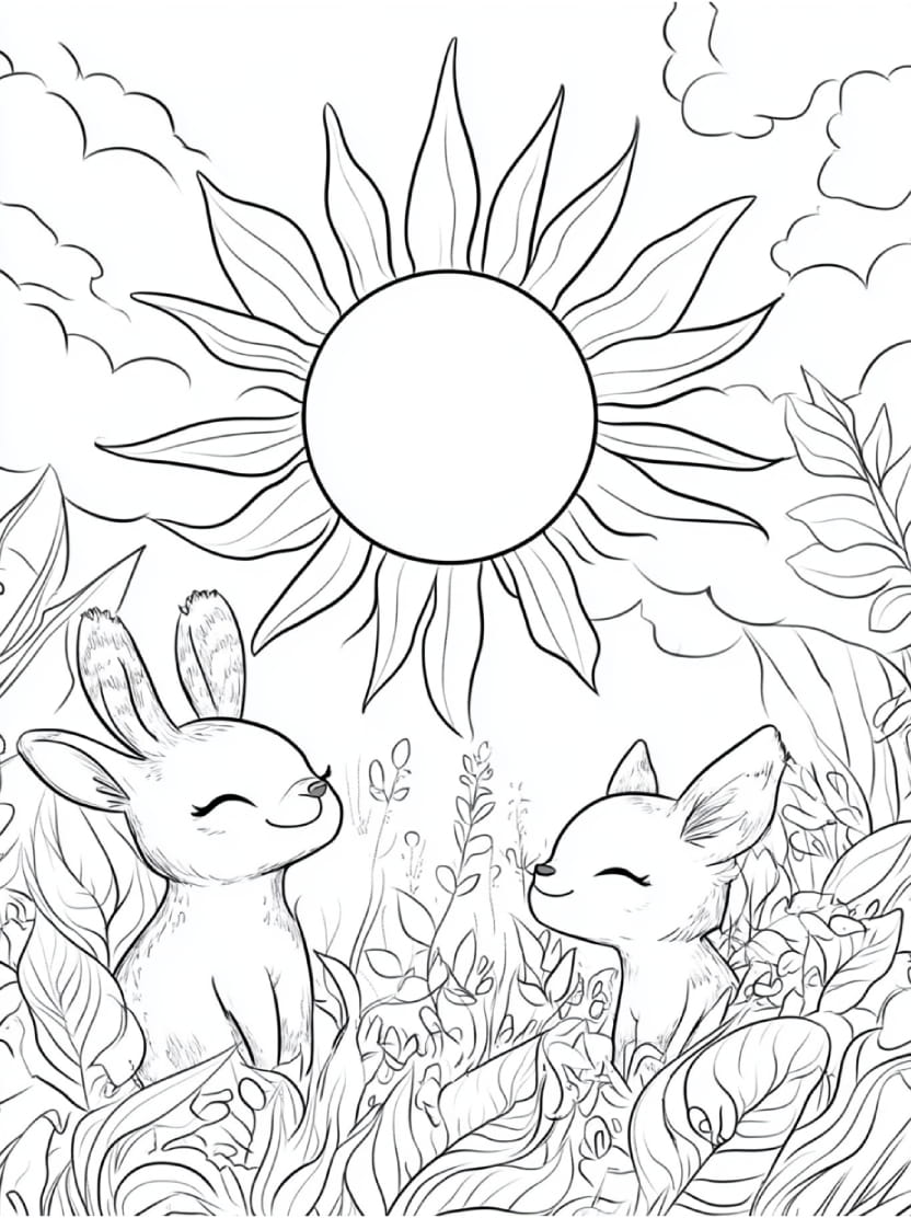 Coloriage Soleil Et Animaux Facile Pour Enfant