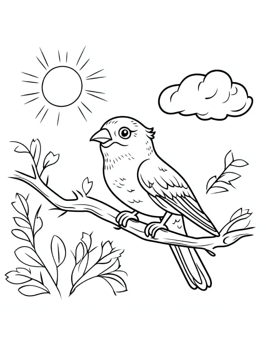 Coloriage Soleil Oiseaux Et Nuages